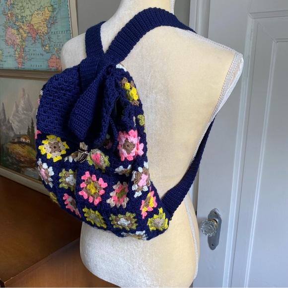 Handmade Crochet Granny Square Knit Backpack Purse - Picture 3 of 11